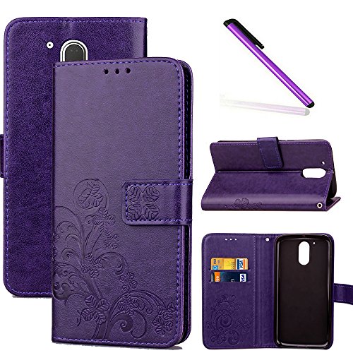 COTDINFOR Moto G4 Funda trébol Cierre Magnético Billetera con Tapa para Tarjetas de Cárcasa Elegante Retro Suave PU Cuero Caso Protectora Case para Motorola Moto G4 / G4 Plus Clover Purple SD