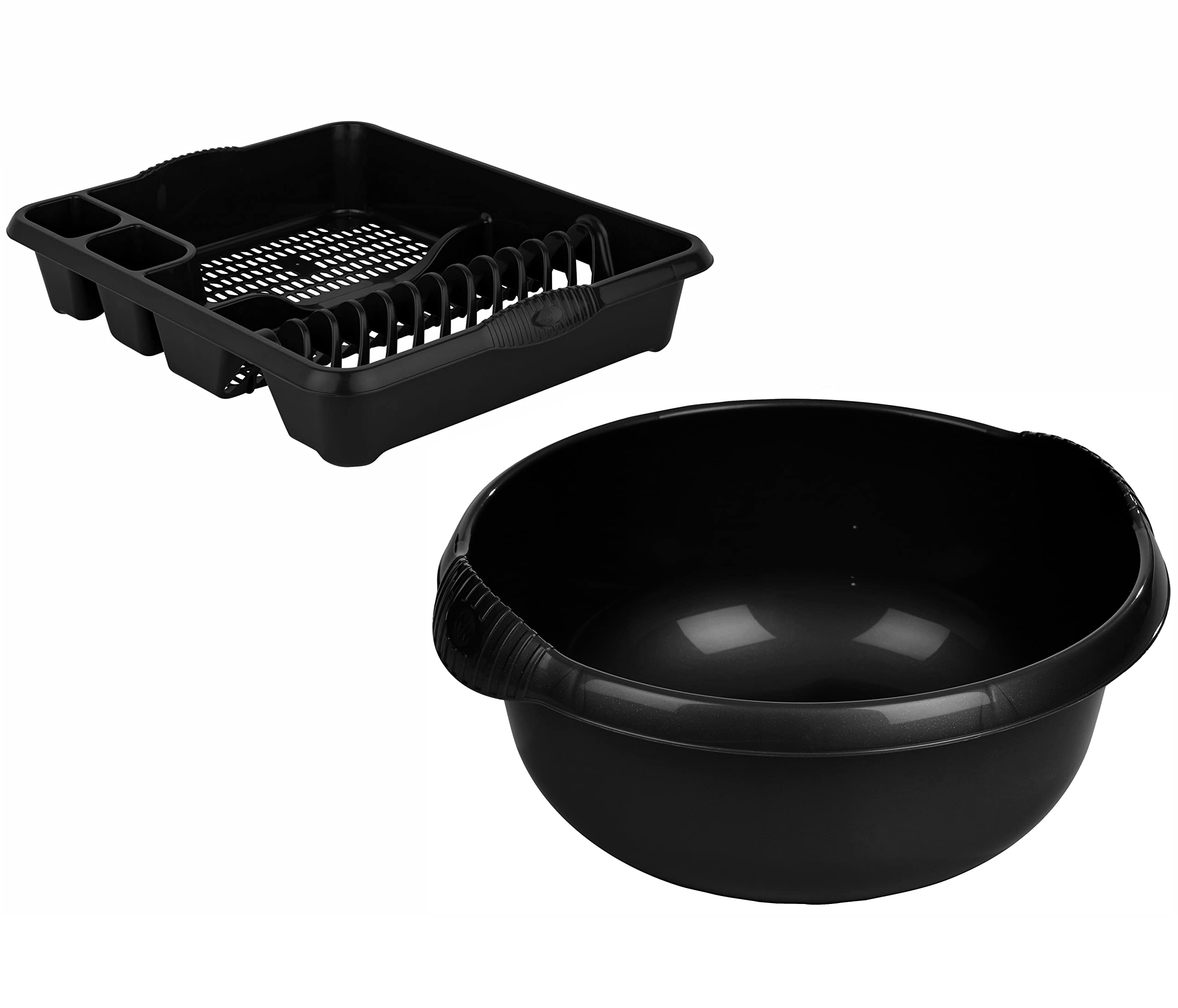 JMS we create smile Set of 2 Plastic Kitchen Large Dish Drainer with 32cm Round Washing Up Bowl (Midnight Grey/Dark Grey) — image 1