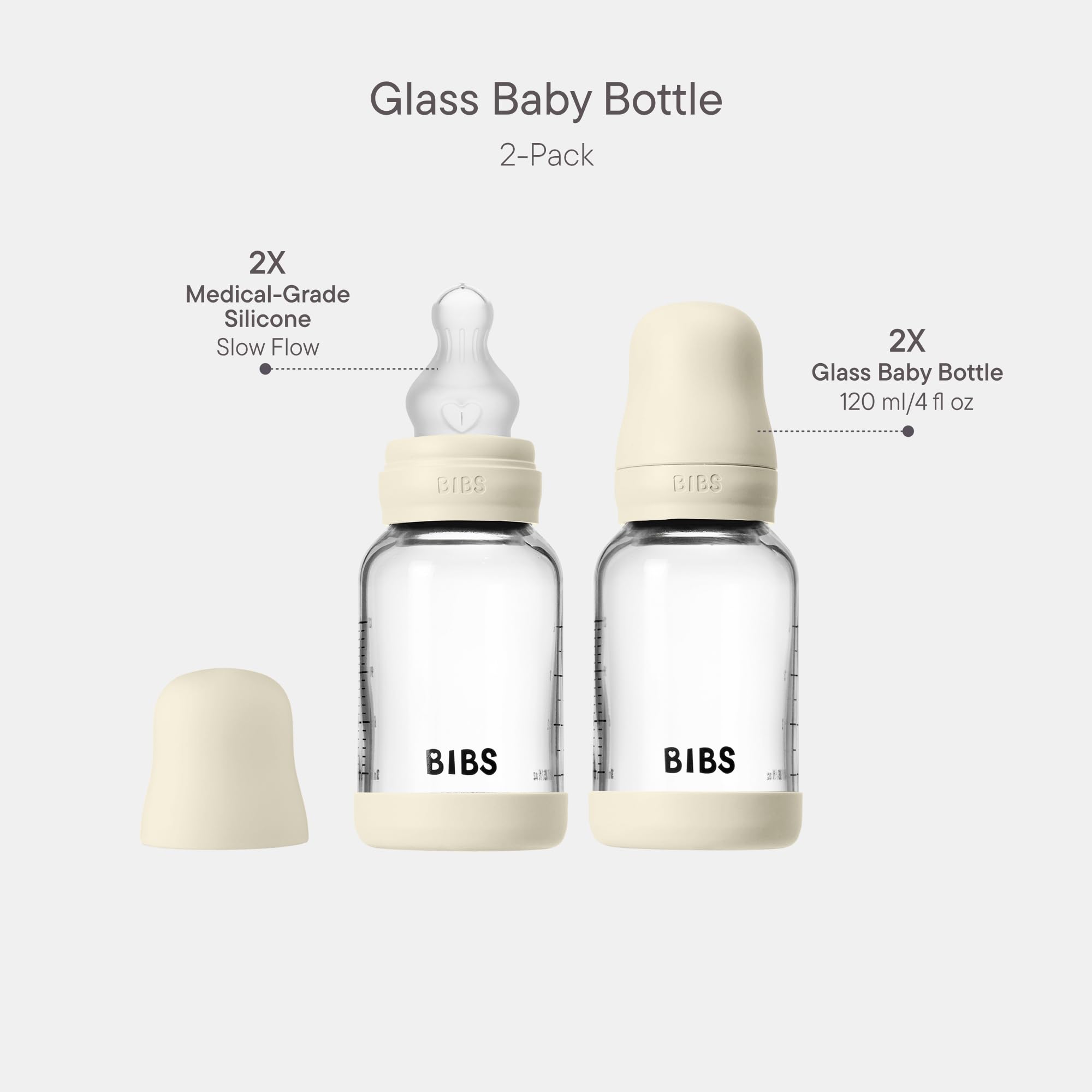BIBS Baby Glass Bottle 120 ml, 2er Pack, Vermindert Koliken, Runder Sauger aus Silikon, Unterstützt das Stillen, Complete Set - 120 ml (Pack of 2), Ivory