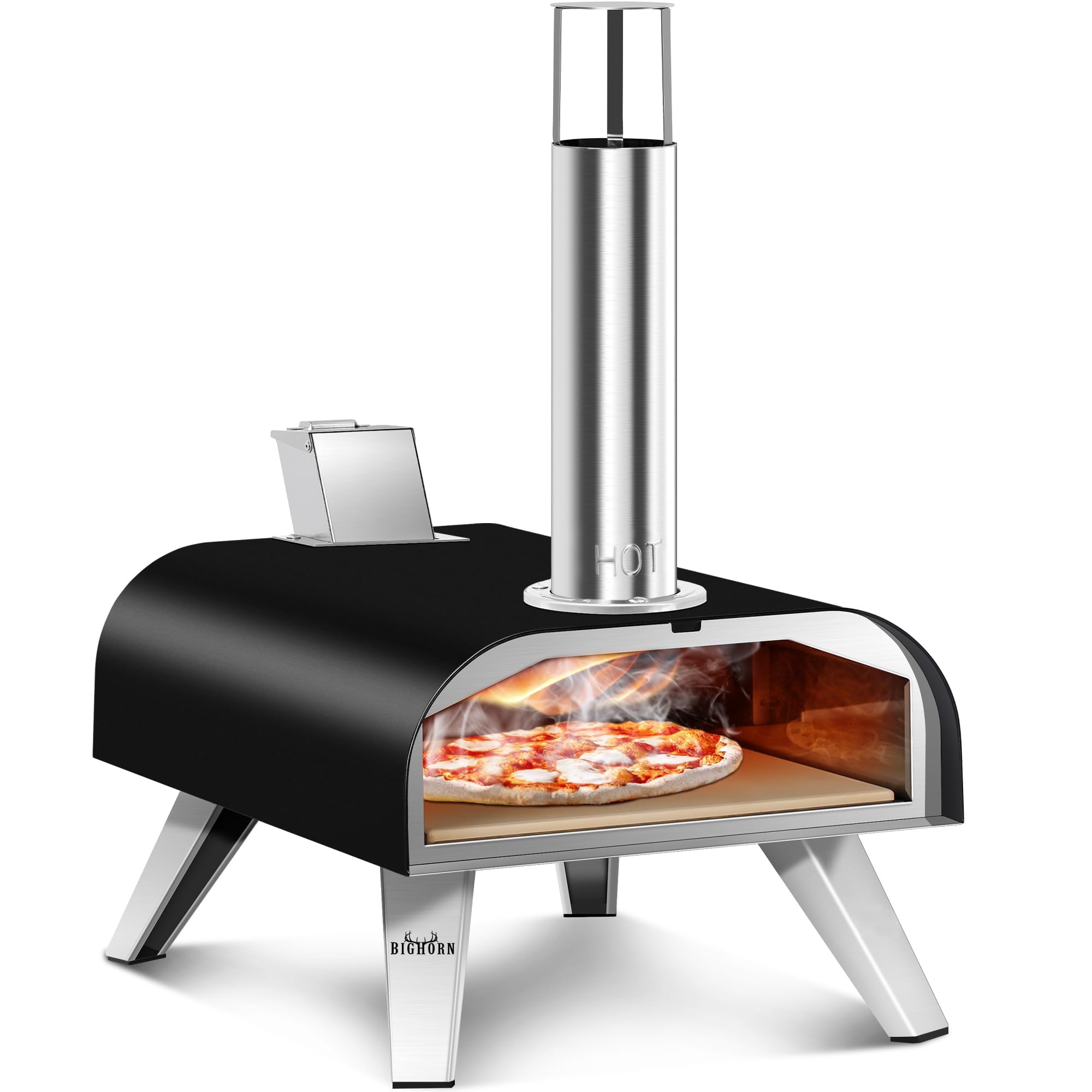 BIG HORN OUTDOORS Horno de Pizza a Pellets de Madera para Exteriores, 12 Pulgadas con Piedra de Horneado, Portátil para Patio, Camping y Fiestas, Negro