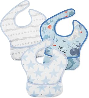 Mess Proof Baby Bib 3 Pack, Waterproof Led Weaning Baby Feeding Bibs with Food Catcher, Travel Feeding Bibs
