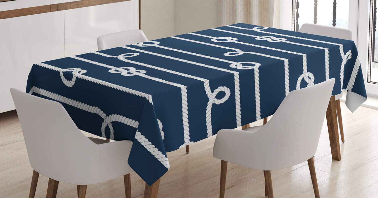 ABAKUHAUS Blu Navy Tovaglia, Corda Classic Mare Verticale, Rettangolare per Sala da Pranzo e Cucina, 140 cm x 170 cm, Dark Blue And White
