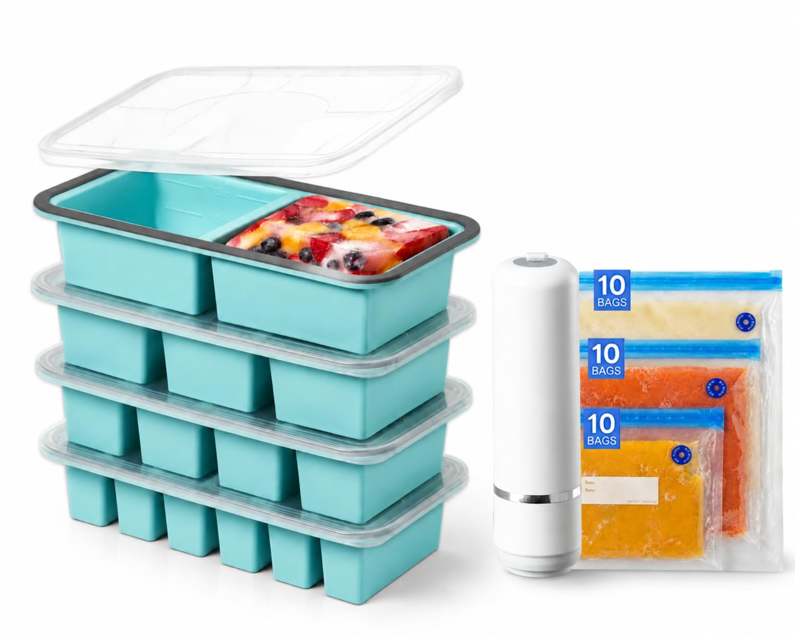 Silicone Freezer Trays Bundle with Vacuum Sealer &amp; 30 Bags, 4 Pack