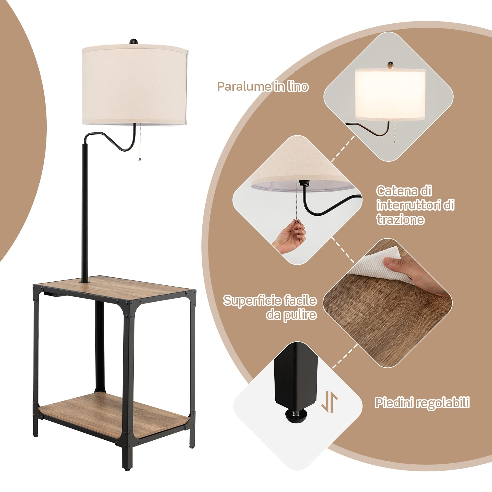 COSTWAY Lampada da Terra in Metallo e Legno, Lampada da Lettura con Tavolino, Mensola e Porta USB, Lampada Ruotabile di 360° per Camera da letto e Salotto