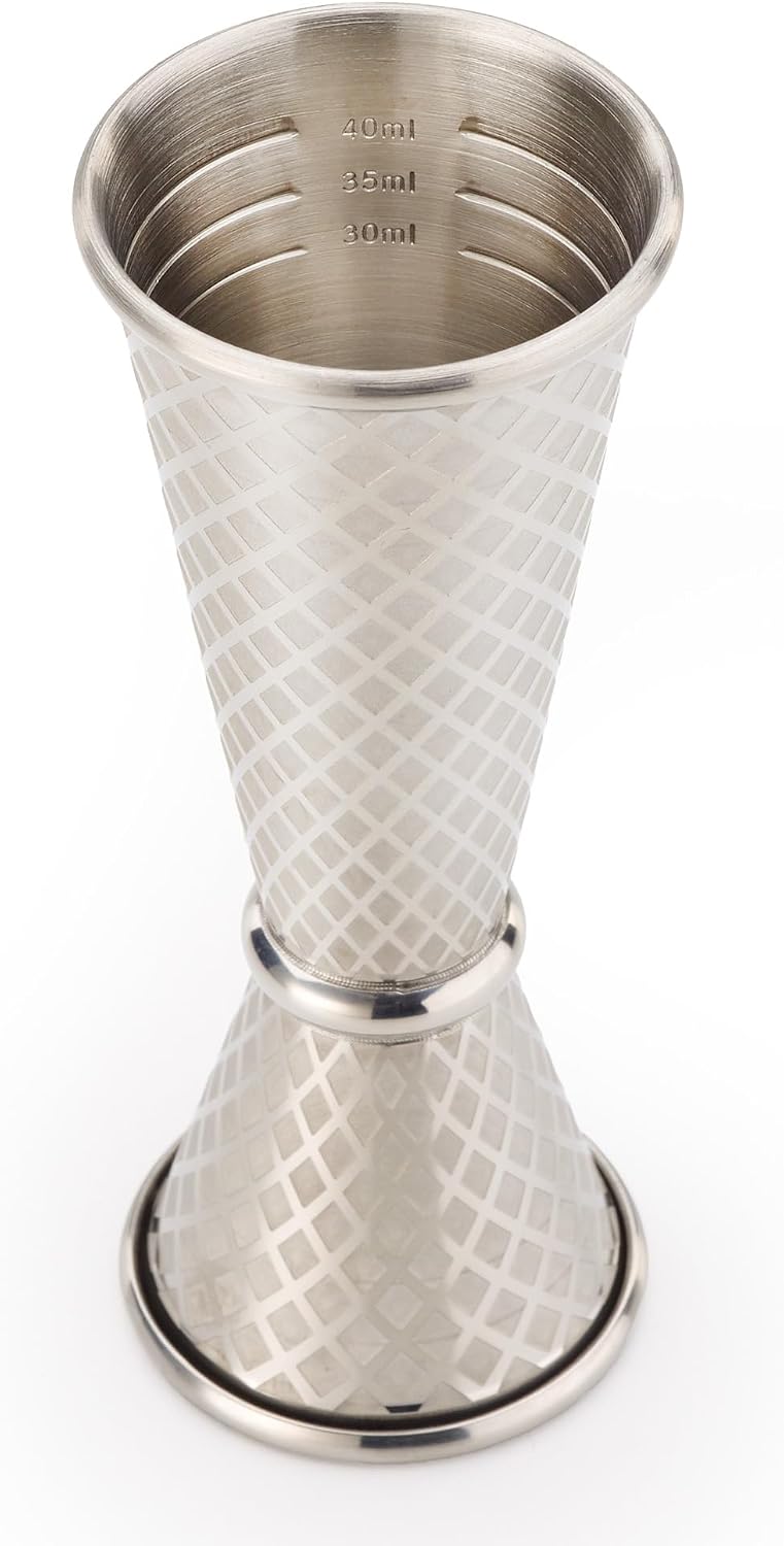 Barfly 25 ml x 50 ml Diamond Lattice Etch Japanese Style Jigger, Stainless Steel