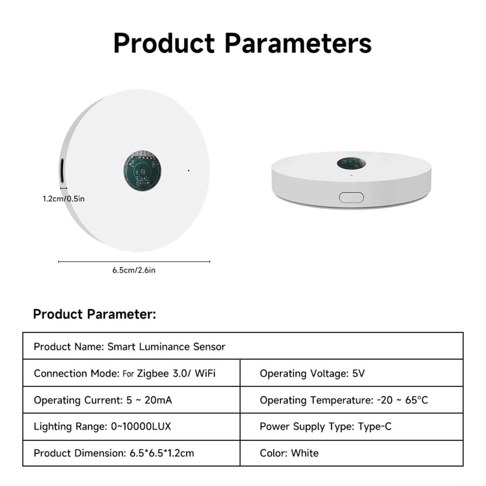 für Smart Life für WiFi/für ZigBee Lichtsensor Helligkeitsmesser für Hausautomation, Energieeffizient, Präzise Erkennung, Einfache Installation, für Tuya, 6,5x6,5x1,2cm, Weiß(Wifi)