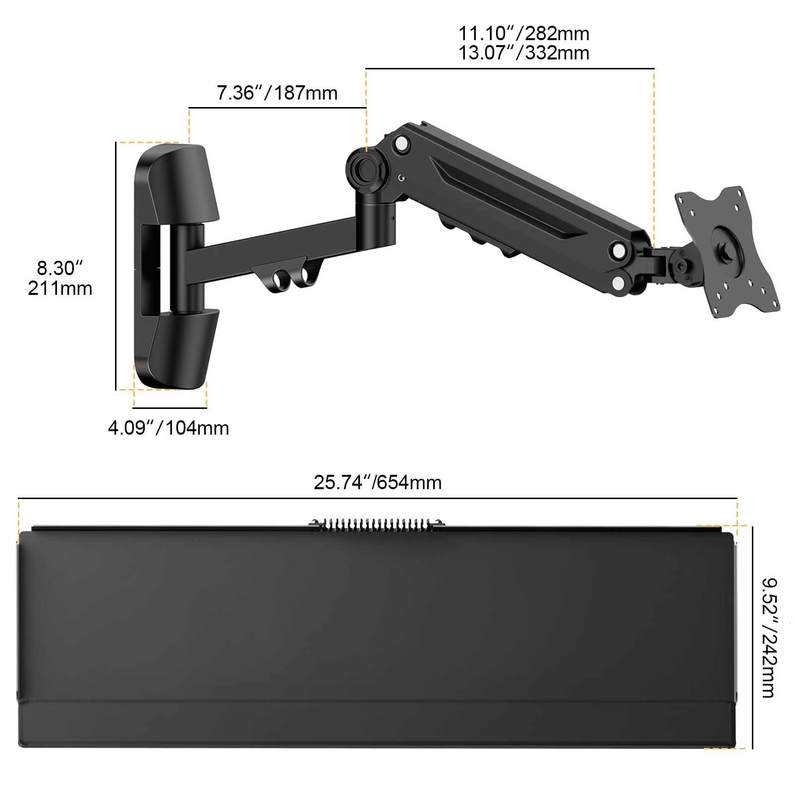 Supporto da parete per tastiera, mouse e supporto per monitor, piattaforma di digitazione regolabile in altezza, supporta fino a 12 kg, nero