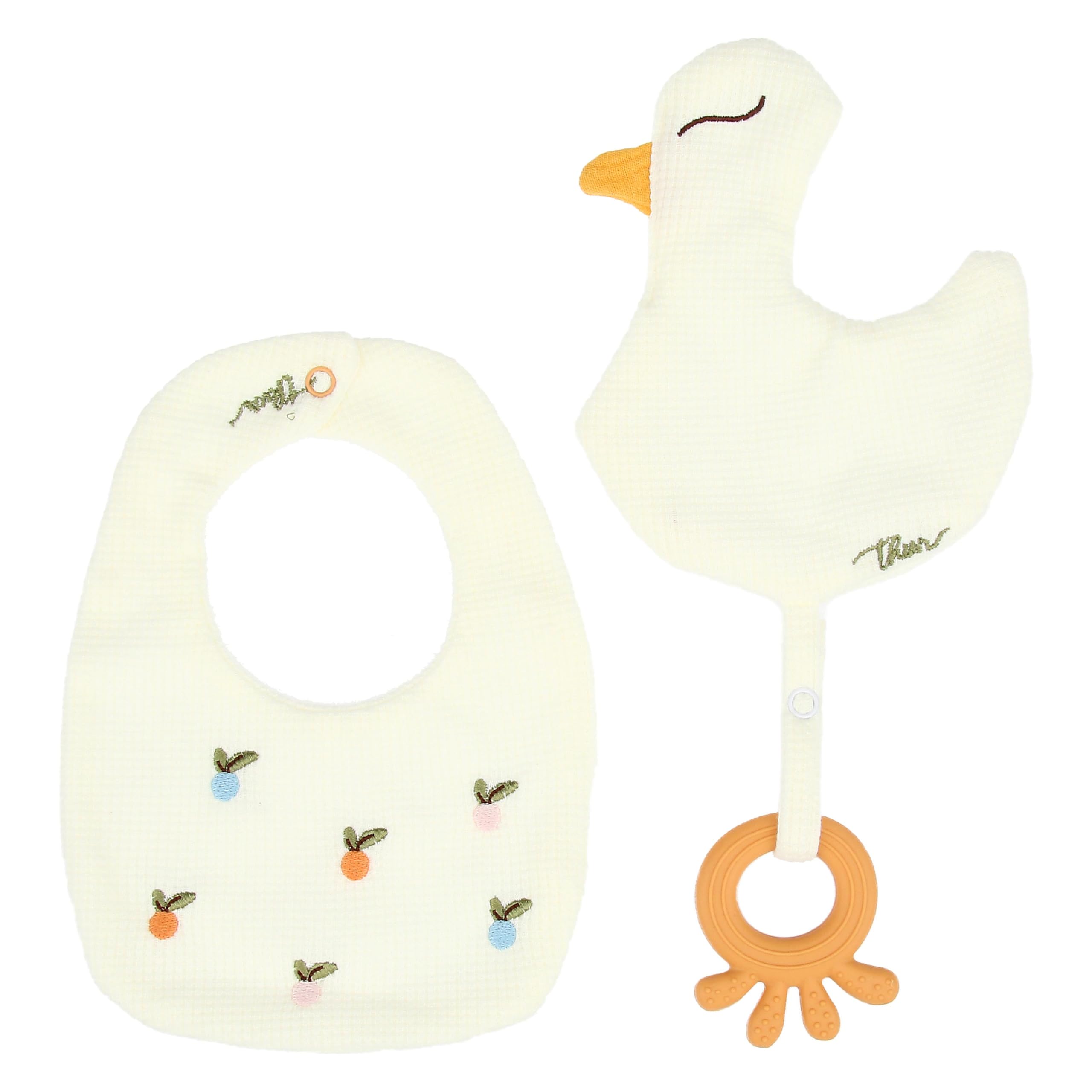 THUN Set 2 bavaglini e accessorio dentizione tessuto silicone Baby Dolce Fattoria 15x18,5 cm 17x26 cm