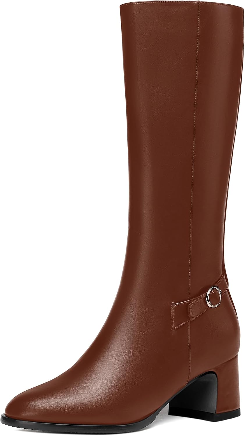 SHOWFOREST Womens Round Toe Hiking Solid Travel Matte Zip Chunky Low Heel Mid Calf Boots 2 Inch