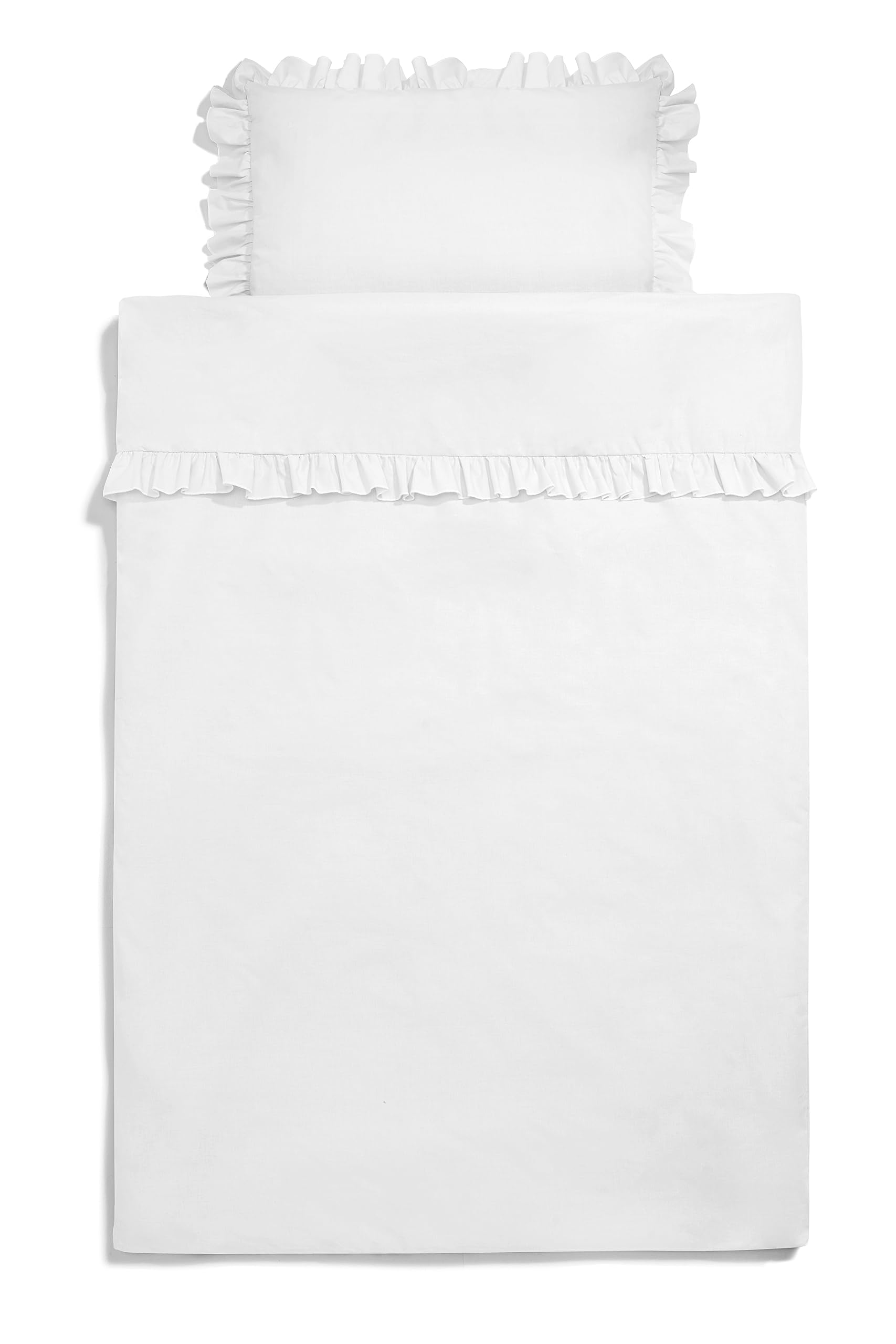 balbina Biancheria da letto per bambini, in cotone, 2 pezzi, con volant e cerniera, copripiumino 100 x 135 cm e federa 60 x 40 cm, colore: bianco