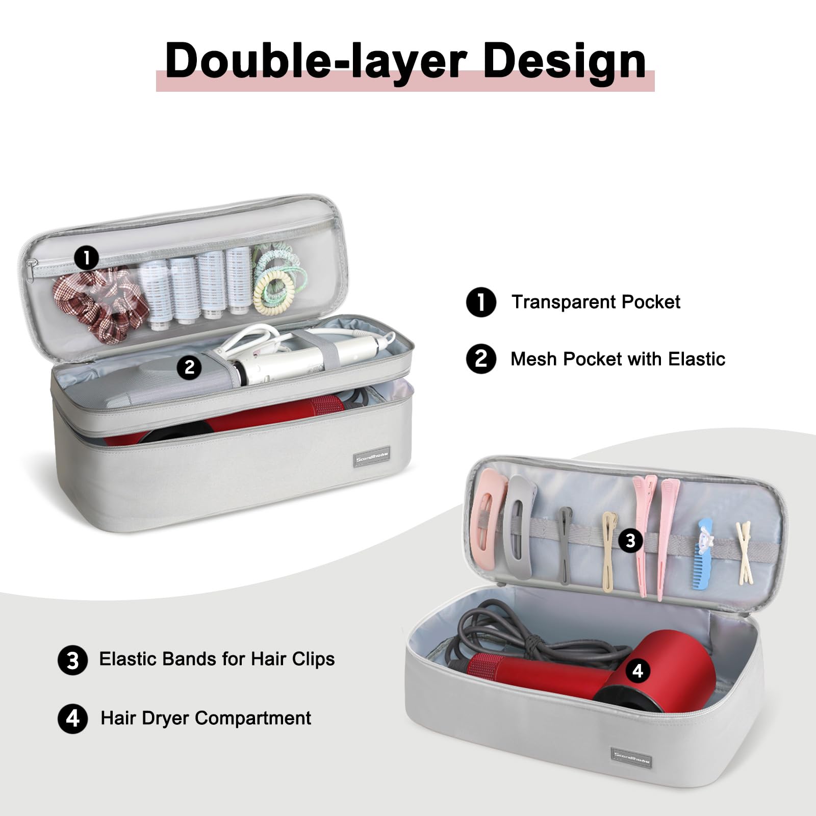Estuche de transporte de viaje de doble capa portátil para mujer, compatible con secador de pelo Revlon de un solo paso y cepillo de aire caliente y accesorios Scandihome Series (solo bolsa