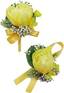 Yellow Wedding Groom Boutonniere Pin Groomsmen Suit Lapel Flower Bride Wrist Corsage Bridesmaid Hand Flower for Indoor Outdoor Wedding Father Mother Bridal Shower Prom Quinceanera (Set A) (Set C)