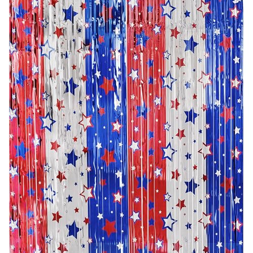 Image of 4th of July Foil Fringe Curtains Red White Blue Decorations | 2 Pack, Independence Day, Patriotic Party Backdrop, Streamers