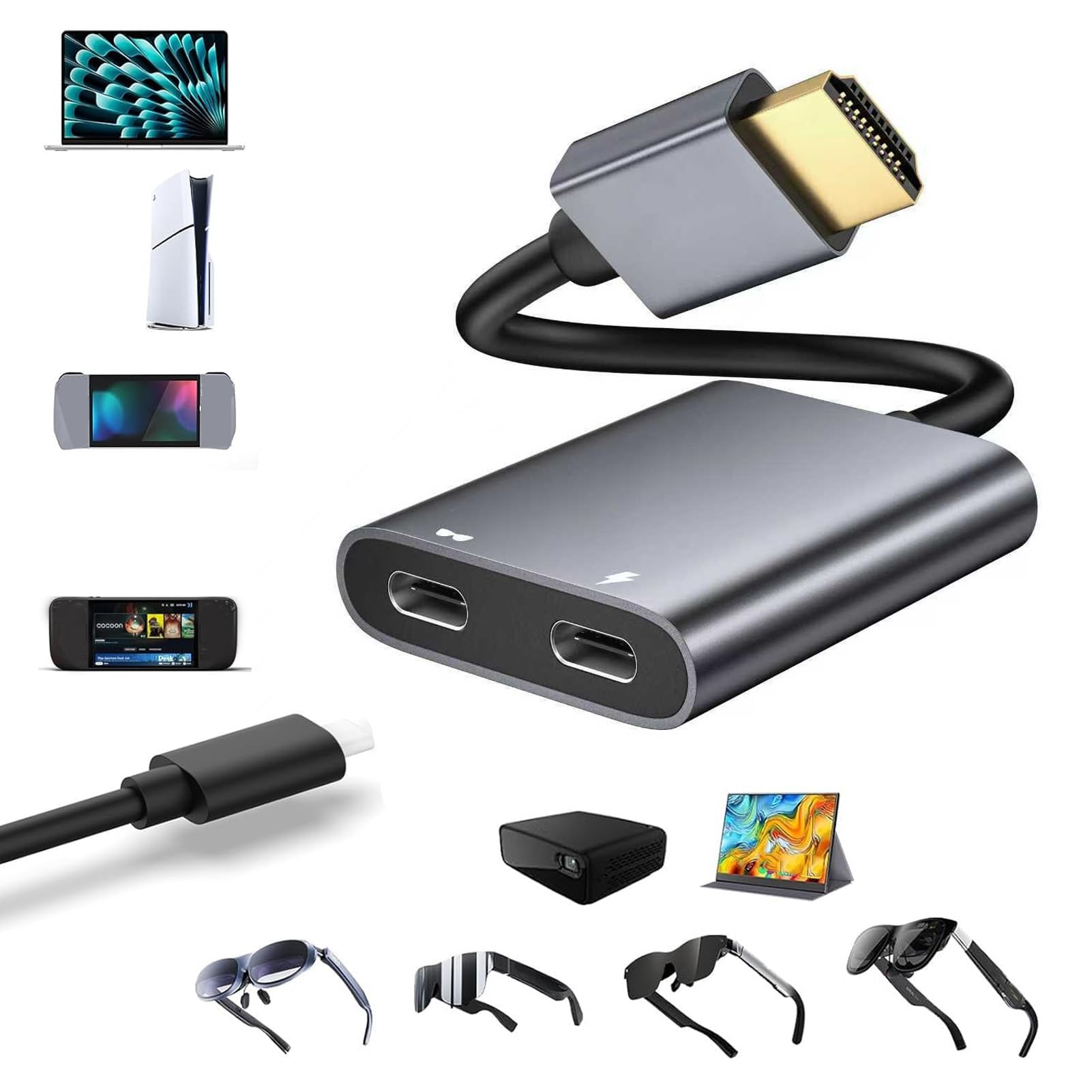 LICAEVEY Adattatore da Interfaccia Multimediale HD a USB C, Trasmissione Audio Video 4K 60Hz, Alimentatore PD 100W, Plug and Play per Telefono Portatile con Occhiali AR