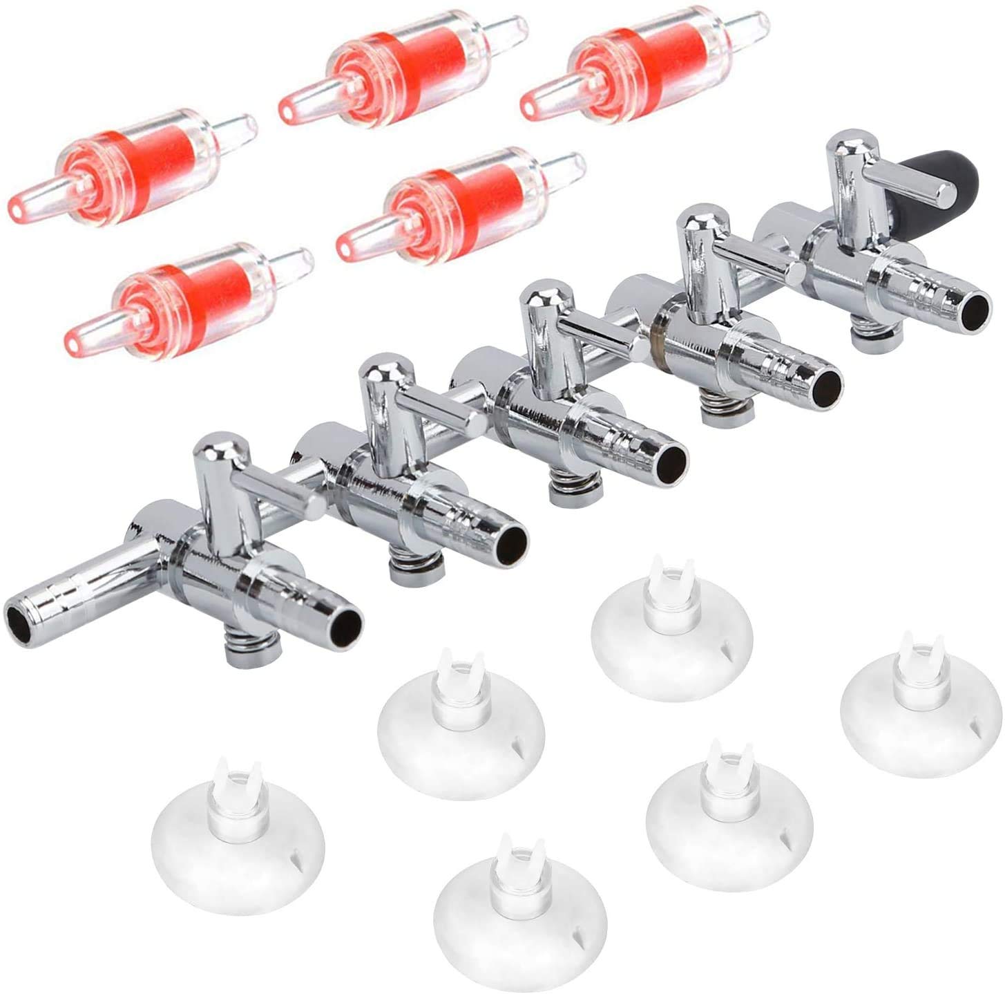 Jainsons Pet Products Aquarium Air Flow Control Kit – 5 Way Metal Air Valve Splitter with 5 Check Valves & 6 Suction Cups for Fish Tank Air Pump Airline Tubing, Durable & Rust Proof Accessories