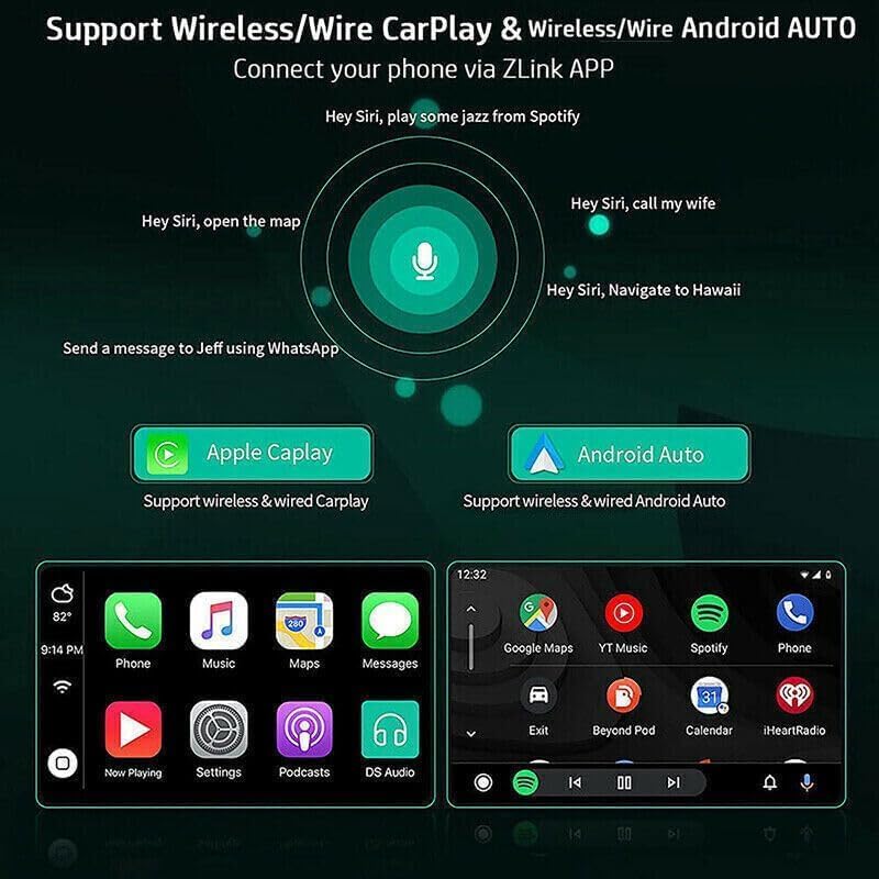 Diagram illustrating voice commands for Apple CarPlay and Android Auto, such as 'Hey Siri, play some jazz from Spotify' or 'Hey Siri, Navigate to Hawaii'.