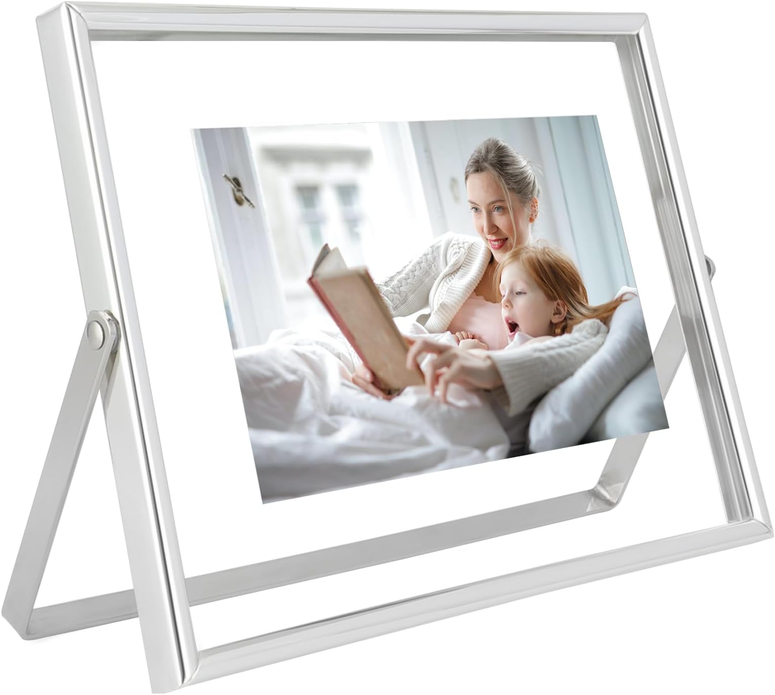 Silver Floating Frame, 5"x7", Horizontal, For Picture 4x6, 3.5x5, 3x4, Small Desktop Photo Frame, Modern Minimalist Style, Classy Gift For Festival, Home or Wedding