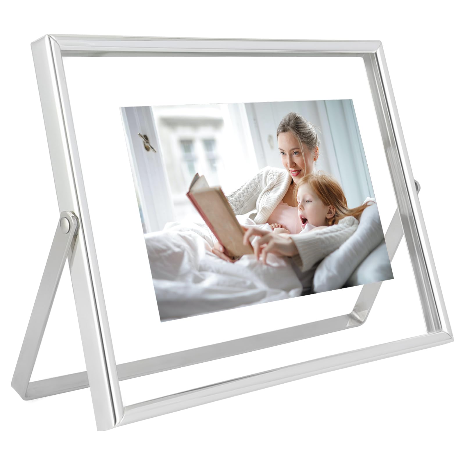 Silver Floating Frame, 5"x7", Horizontal, For Picture 4x6, 3.5x5, 3x4, Small Desktop Photo Frame, Modern Minimalist Style, Classy Gift For Festival, Home or Wedding