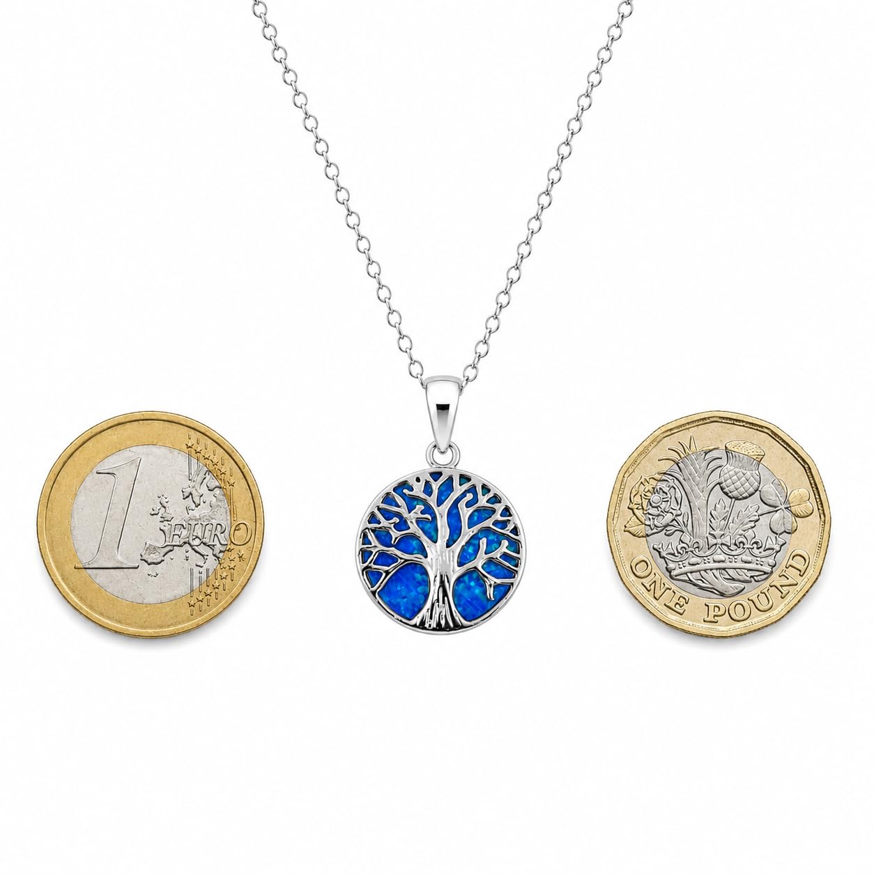 Cadena de corte diamante chapada en rodio de aproximadamente 46 cm con colgante de plata de ley 925 chapado en rodio con diseño de árbol de la vida sobre un disco de ópalo azul