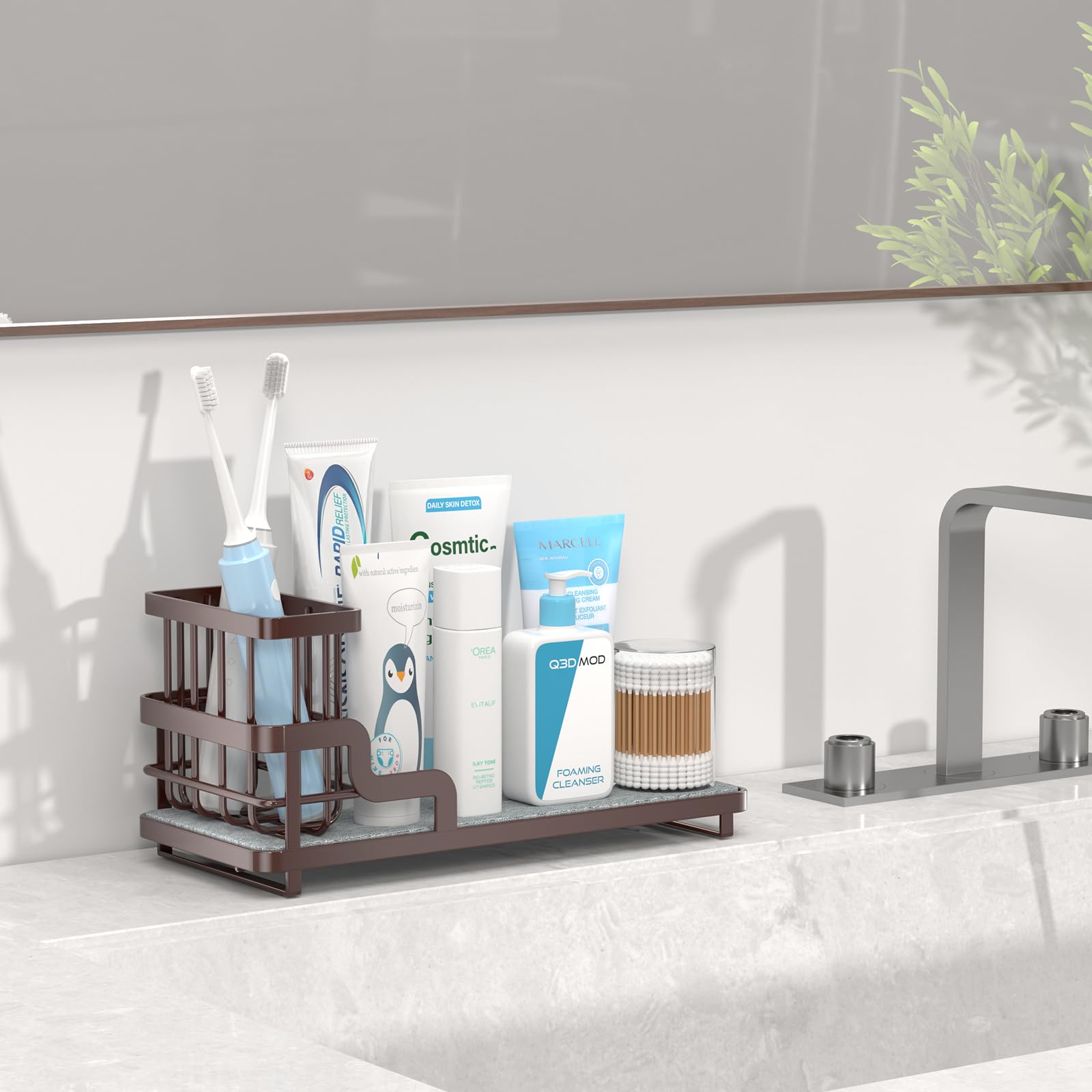 Consumest Schwammhalter für Küchenspüle – Spülbecken-Caddy Organizer mit wasserabsorbierender Steinablage, abnehmbarer Bürstenhalter, Edelstahl-Küchentheken-Organizer, Rack, Bronze
