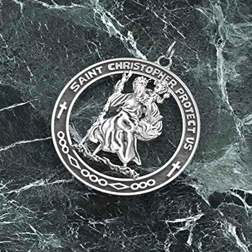US Jewels Men's Large 925 Sterling Silver 39mm Saint Christopher Medal Pendant Necklace, 18in to 24in2