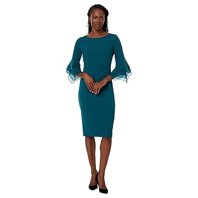 Adrianna Papell Stretch Knit Crepe Sheath Dress with Tiered Organza Bell Sleeve Women