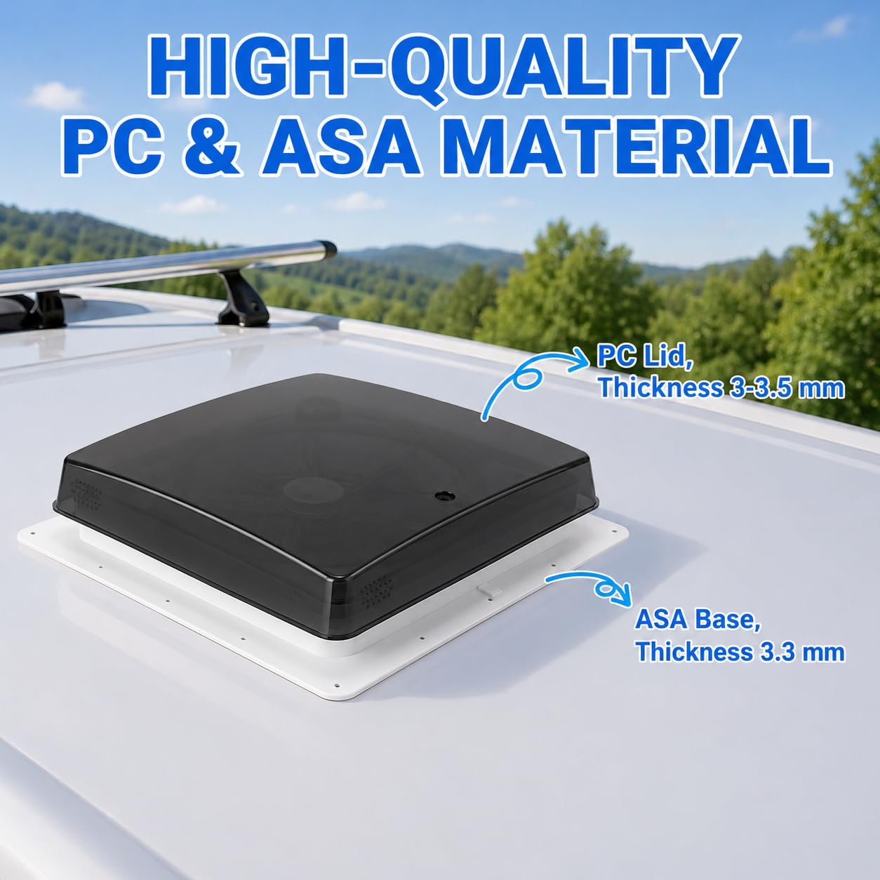 Ventilador de techo para caravanas, homologado 43R Claraboya, Nivel de ruido ultra bajo de escape reversible con sensor de lluvia, ventilador permanente de nivel automático para autocaravana