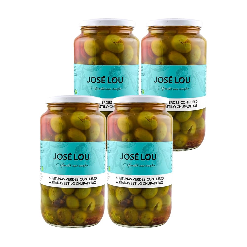 Pack 4× Aceitunas Verdes con Hueso Aliñadas José Lou – Estilo Chupadedos – Tarro 900 g (3,6 kg Total) | Sabor Artesano | Aceitunas Españolas Gourmet | Perfectas para Aperitivos