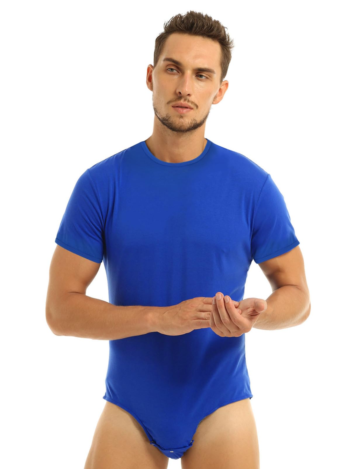 Aiihoo Mens Short Sleeve Undershirt Press Button Crotch Bodysuit Gymnastic Dance Leotard Top Jumpsuit Blue A XX-Large
