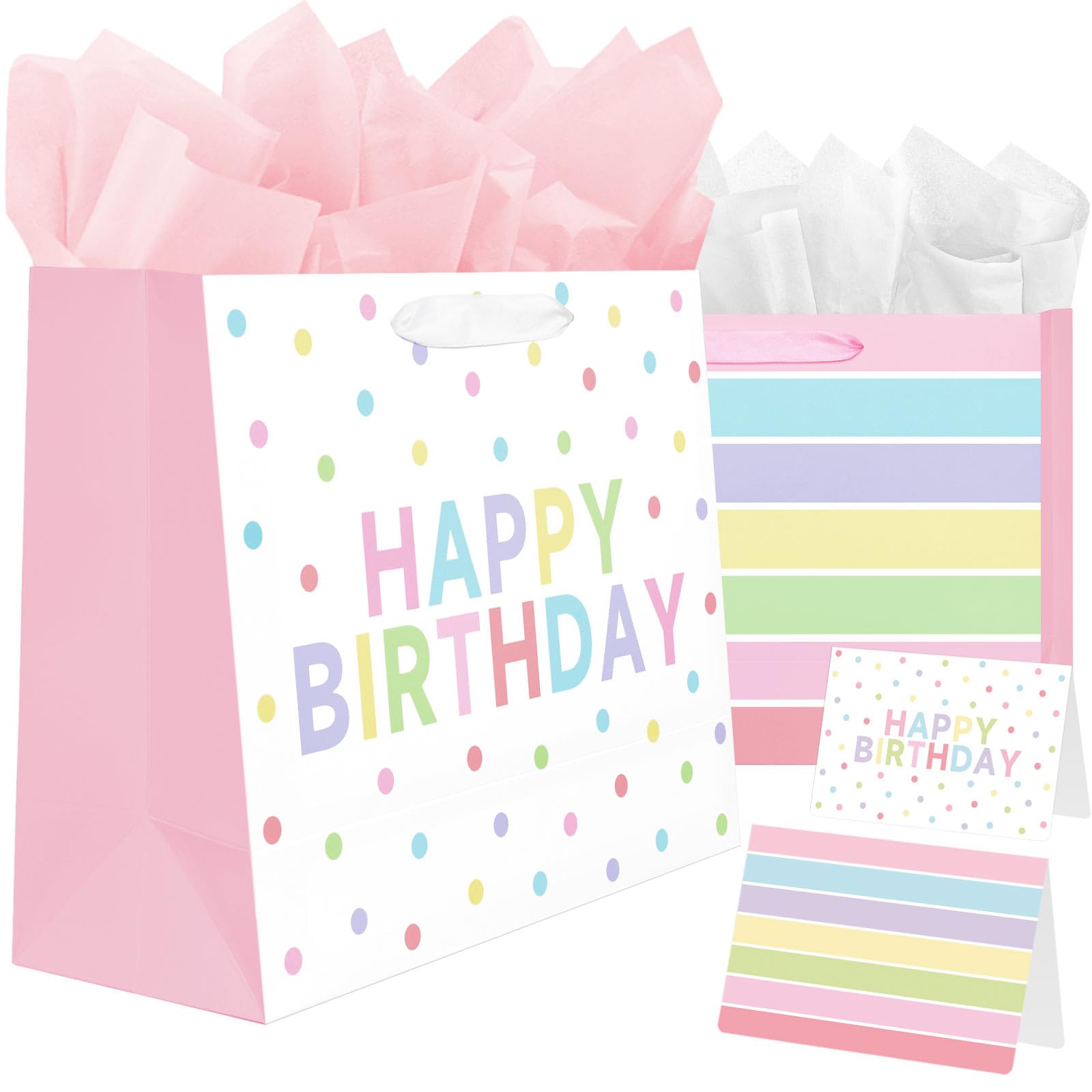 Laidans 2-Pack 13" Large Happy Birthday Gift Bags Party with Tissue Paper, Cards for Girls Women Birthday Party Favors Wrap