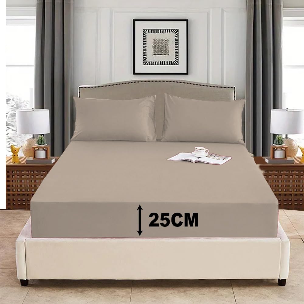 PHP Fitted Sheet Deep Pocket 25 cm (10 inch) - Easy Care Non-Iron Soft 100% Poly cotton Fabric Shrinkage and Fade Resistant Bottom Sheet (4, Beige, Super King) โ image 1