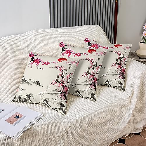 Homemissing Cranes Pillow Cases Cushion Covers Japanese Ukiyoe Decor Vintage Bed Set for Kids Ocean Wave Sun Cherry Blossoms Japanese Exotic Style Set of 1 Soft 16x16 Inch - Image 4