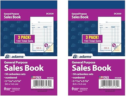 Adams Libro de ventas de uso general, 2 partes, sin carbono, blancocanario, 3-1132 x 5-58 pulgadas, 50 juegoslibro, 3 libros (DC3530) (paquete de 2)