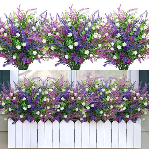 SOMYTING 12 Pcs Mixed Color Artificial Flowers Outdoor Lavender Balcony Weatherproof Artificial Plastic Flowers Durable and UV-Resistant Artificial Plants for Garden Window Front Porch Walkway