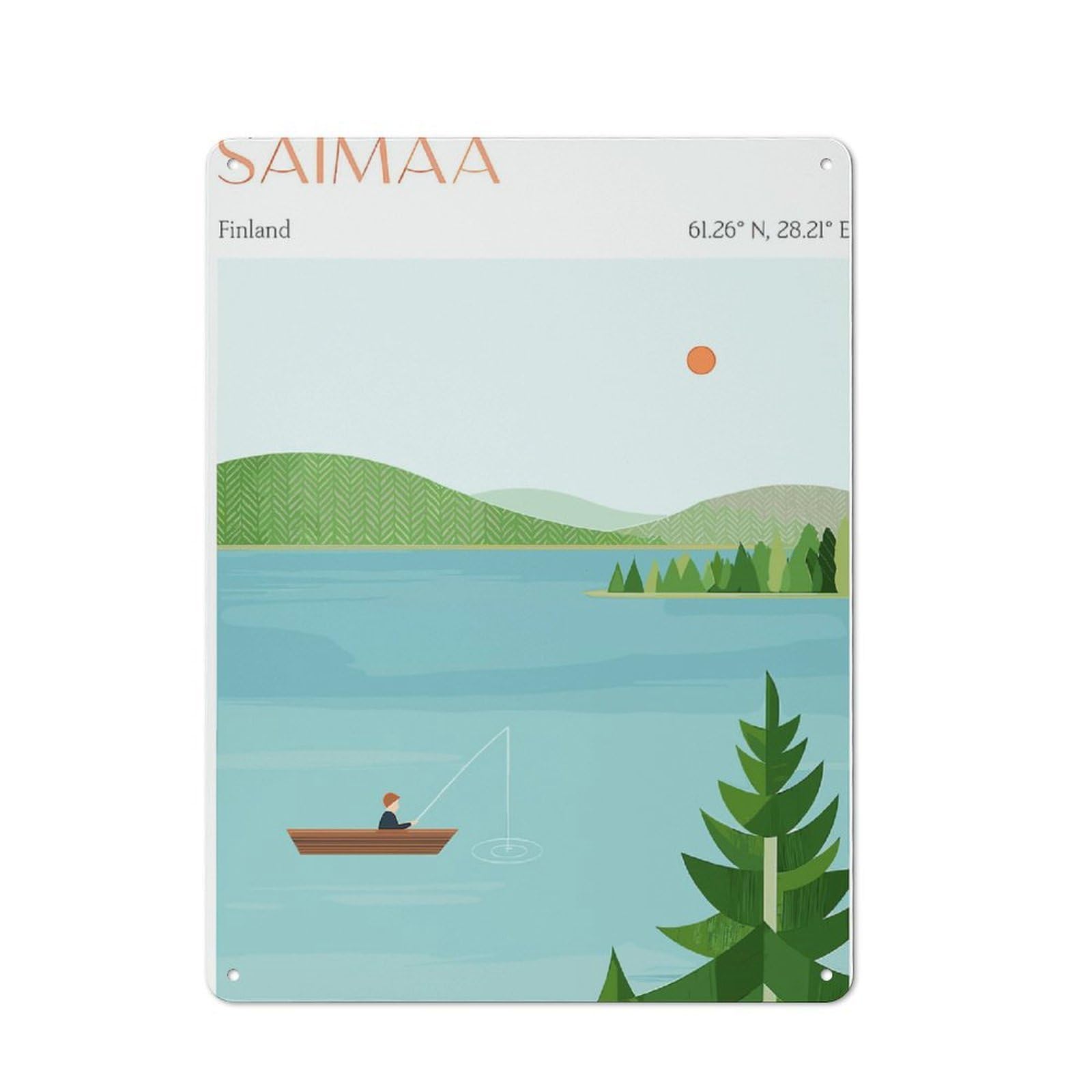 Junmoney Saimaa Finland Fishing Scene Illustration Retro Metal Plaque 40X30cm For Lounge Or Reading Corner, Suited To Lounge Decor Fans
