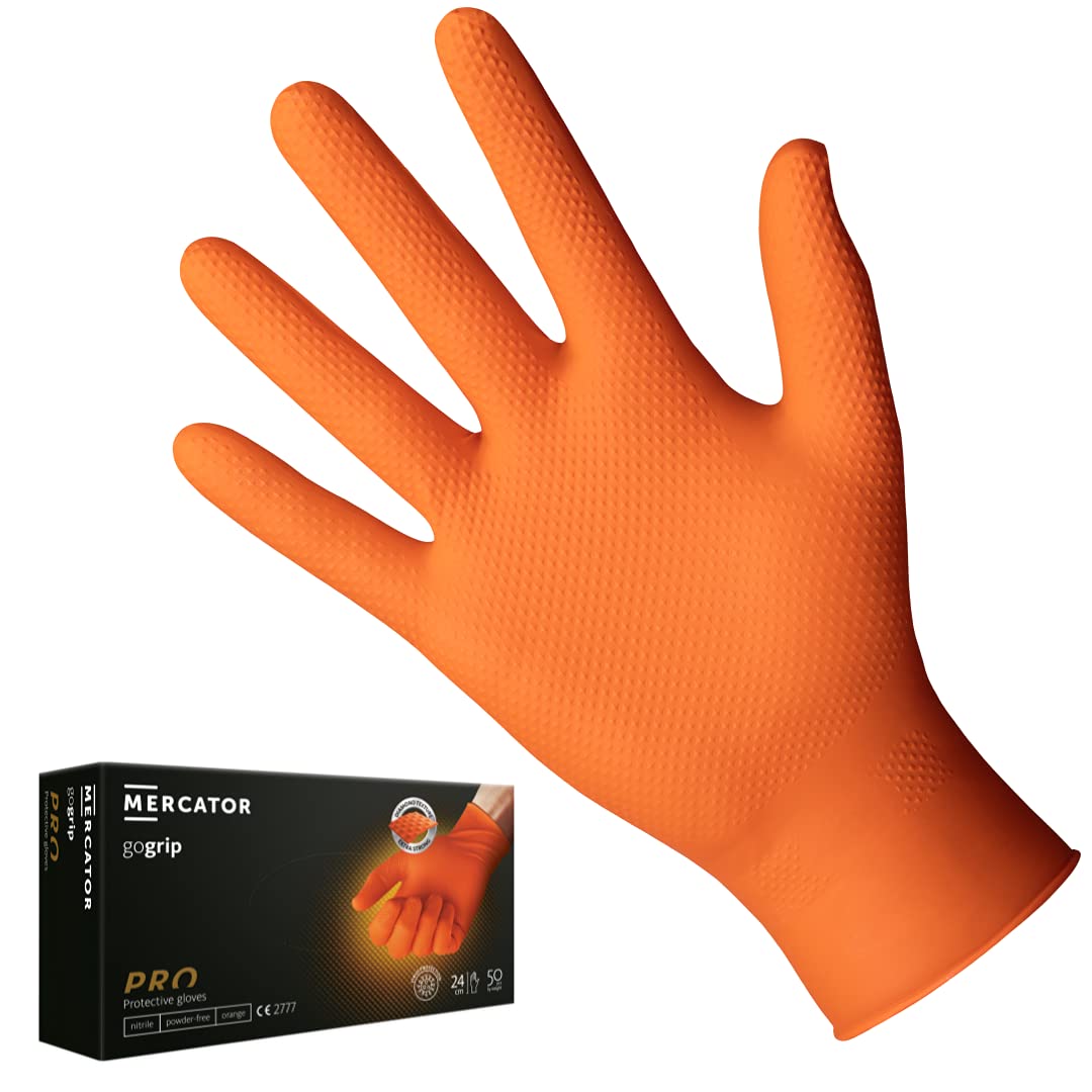 MERCATOR MEDICAL GoGrip Orange Nitrile Gloves, Size M, Pack of 50, Disposable Protective Gloves, Powder-Coated, Latex-free Nitrile Gloves, 3 Times Larger