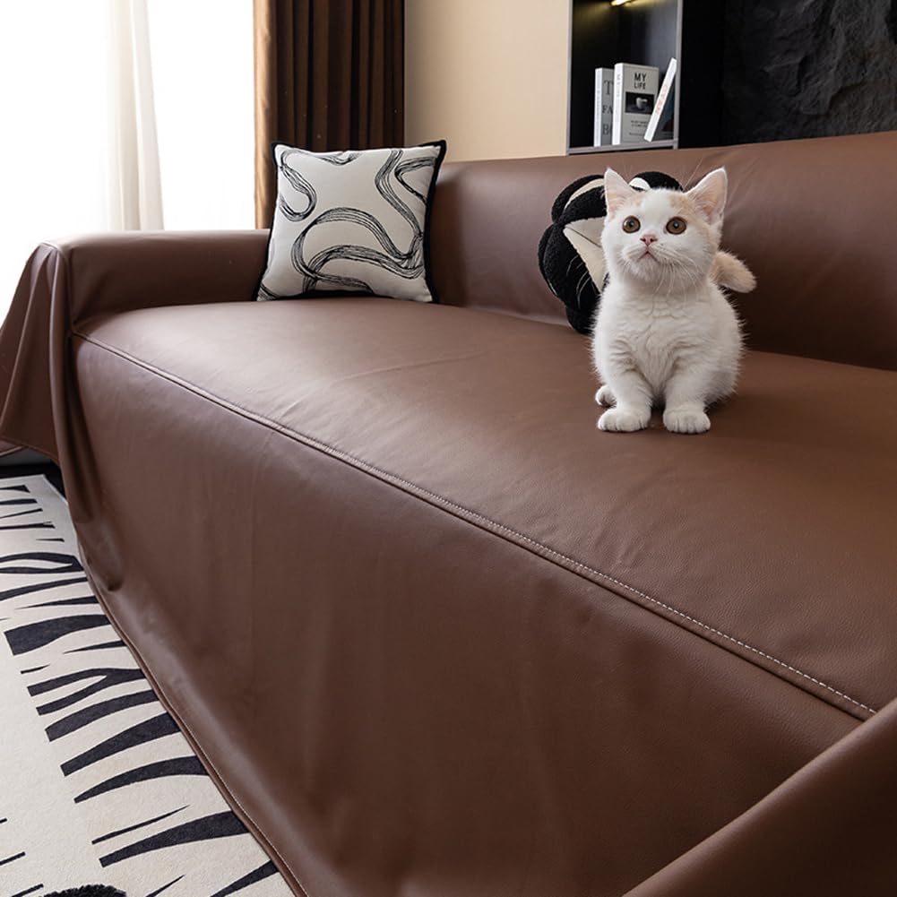 MUMUXIAO Soft Leather Sofa Covers,Thick Solid Color Couch Covers,Anti-scratch Non-slip Slipcovers,Waterproof Furniture Protection for 1-5 Seater (Brown,180 * 180CM)