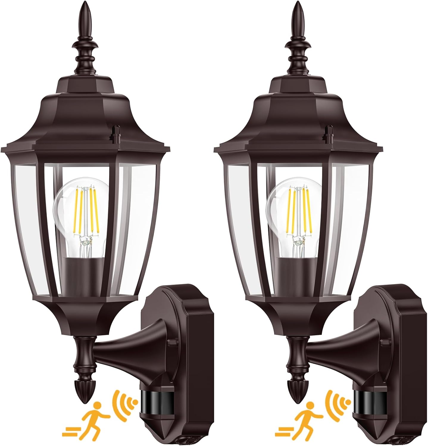 Two Lamomo outdoor wall sconces in bronze finish with clear glass, showing the E26 bulbs and motion sensors at the base.