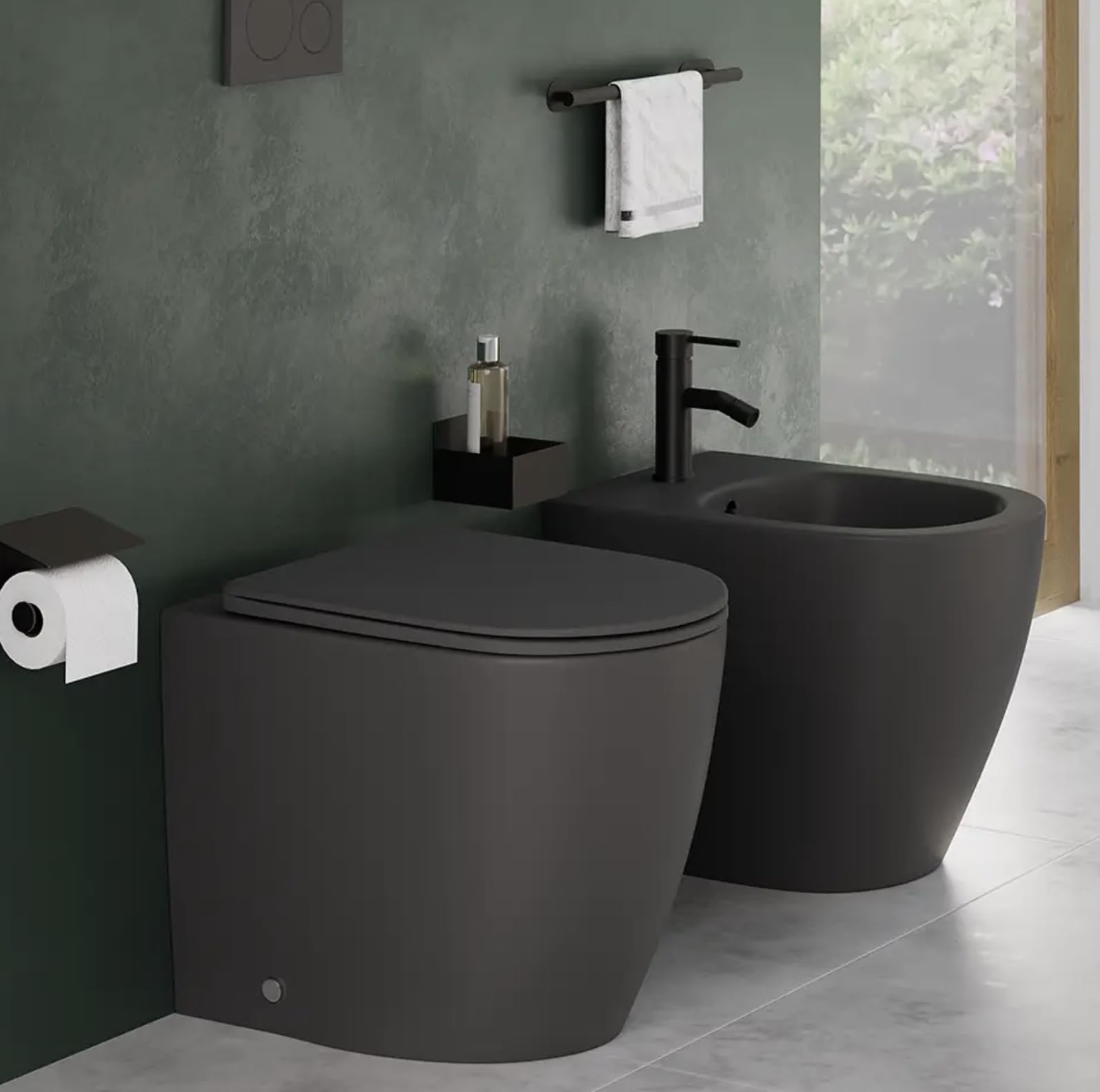 Coppia di sanitari filomuro ceramica grigio opaco vaso rimless copriwc soft-close e bidet ASIA SMALL