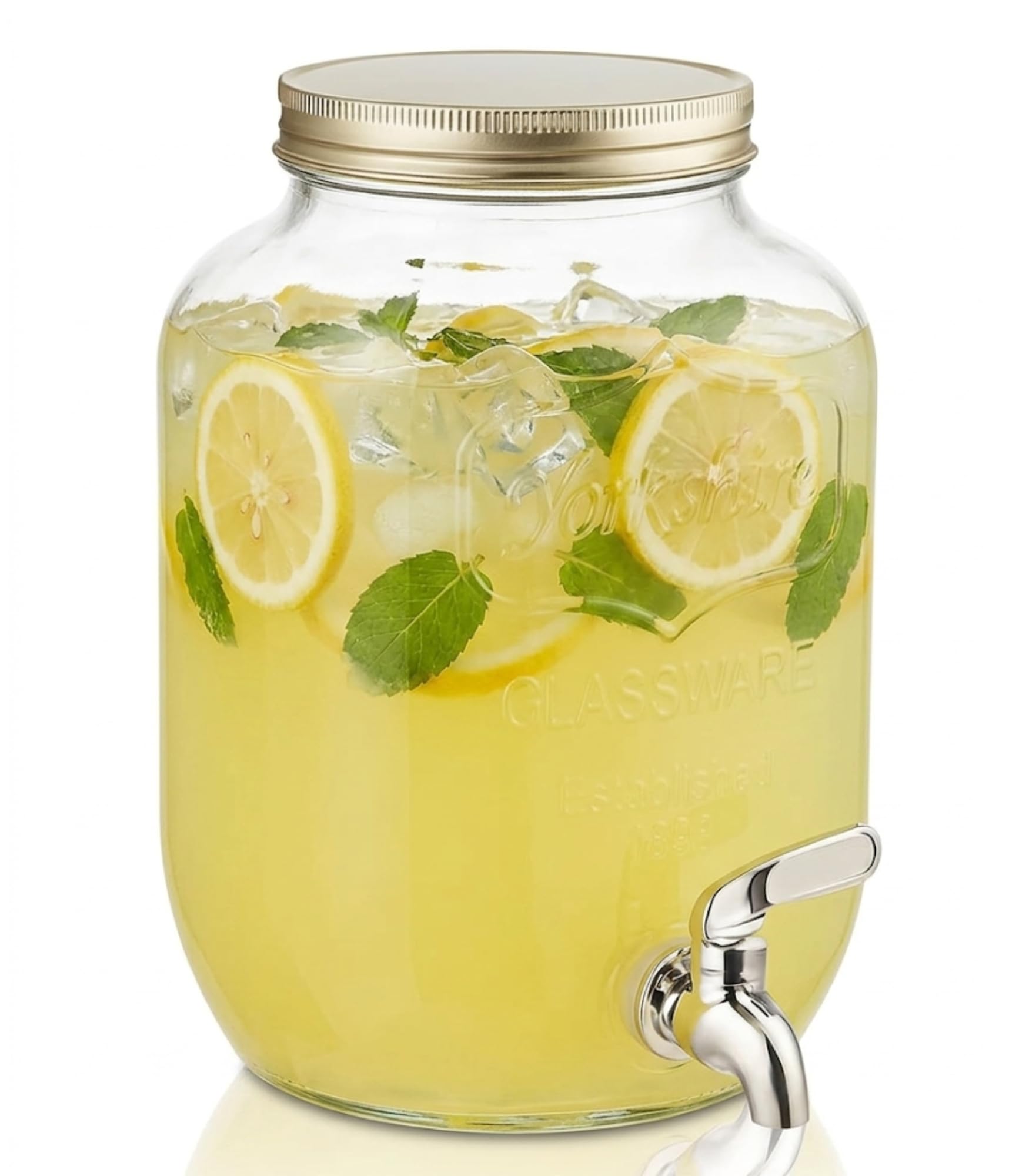 Dispensador de agua fria Botella cristal 5 Litros con Grifo y Tapa Metálica, Dispensador para Bebidas Frías y Calientes, Apto para Nevera, Vidrio Resistente para Fiestas, Eventos y Uso Diario