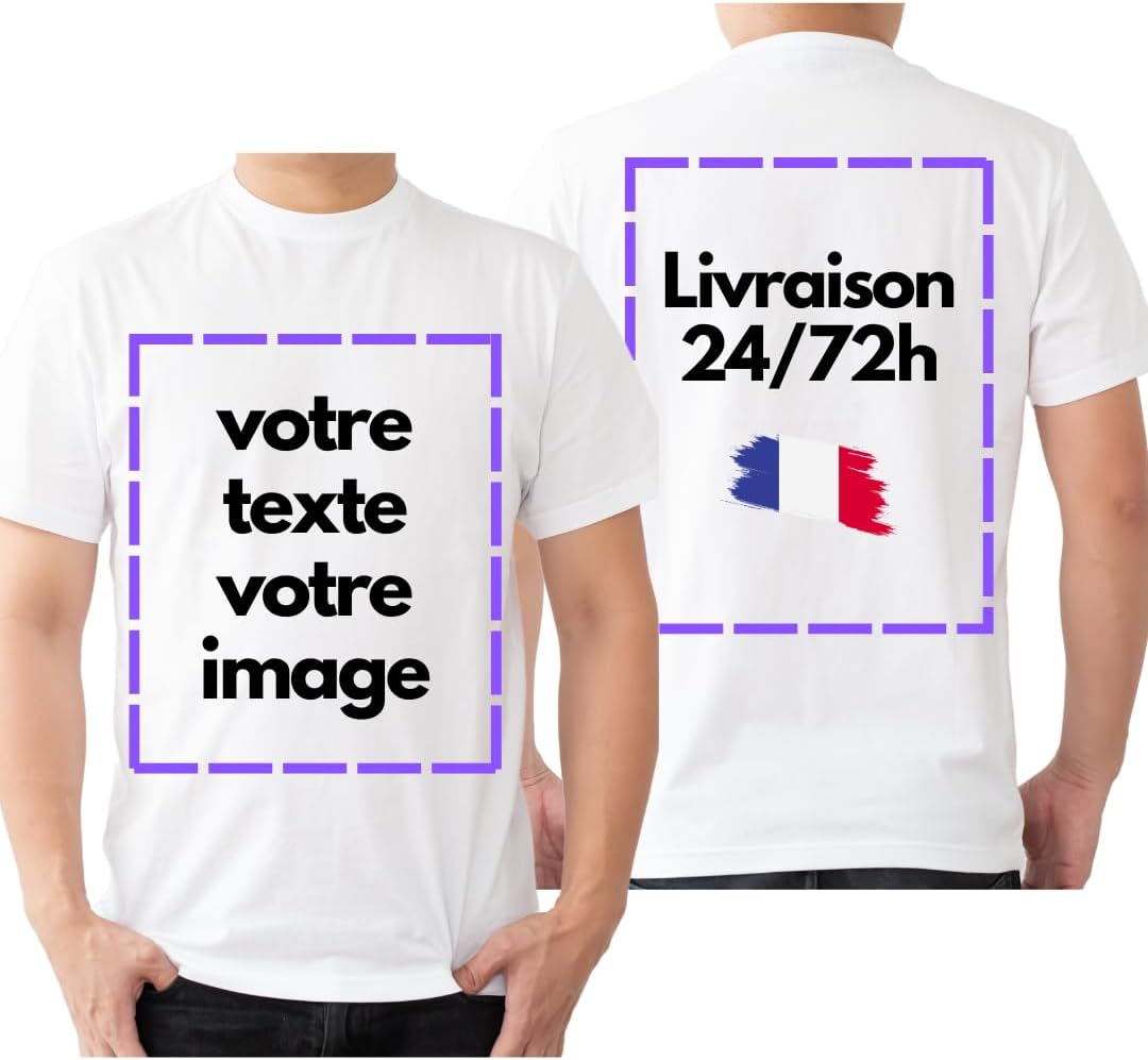 Générique T-Shirt Personnalisé Recto/Verso Blanc Noir Unisexe Homme/Femme - 100% Coton - Ajoutez Texte et/ou Logo