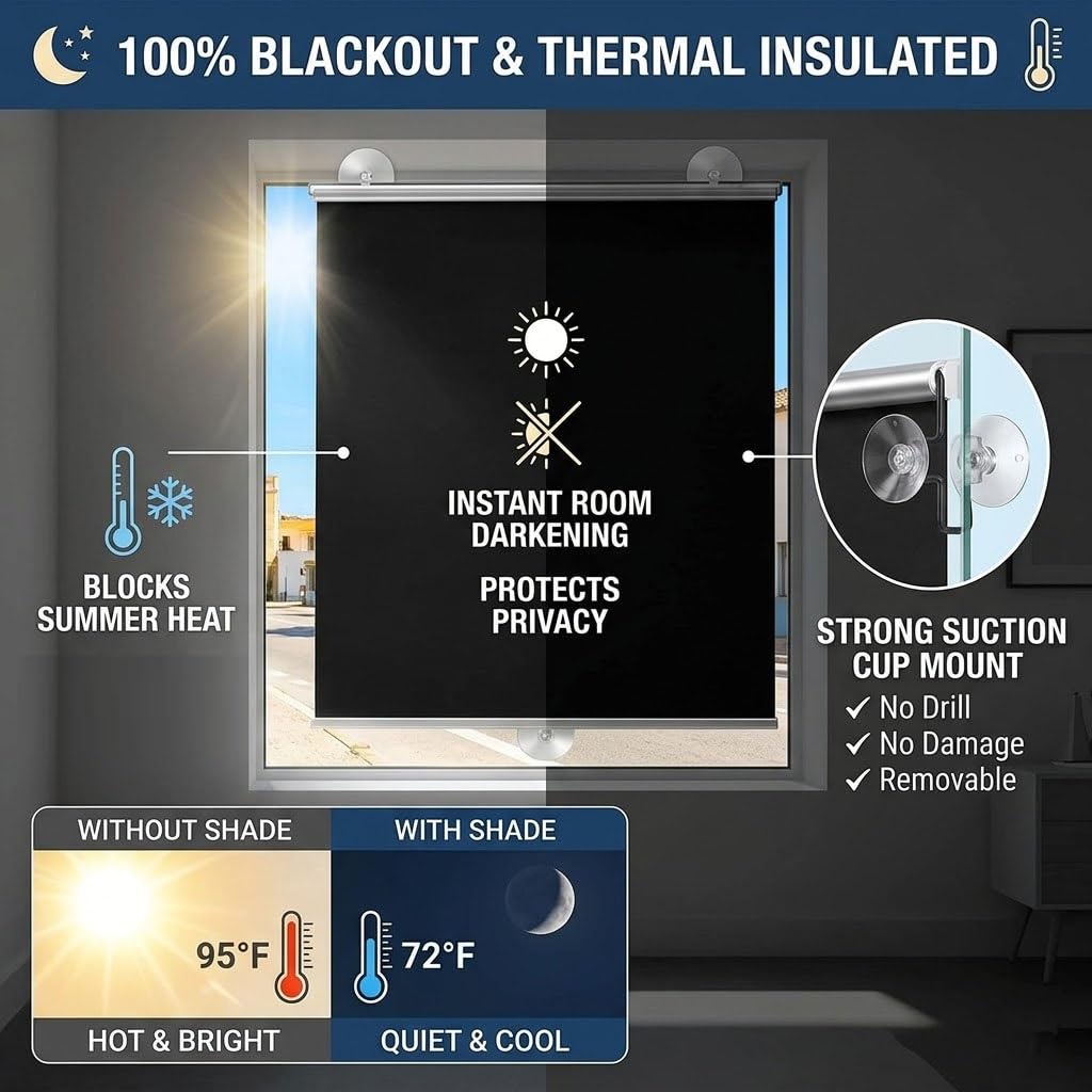 Verdunklungsrollo ohne Bohren mit Saugnäpfen, Thermorollo Sonnenschutz Fenster Innen, Tragbares Fensterrollo Sichtschutz für Dachfenster Schlafzimmer Auto(80W x 190H cm)