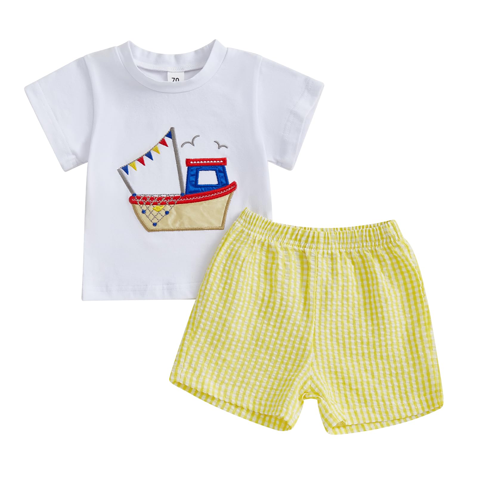 Toddler Baby Boy Sailboat Outfit Boating Sailing Embroidery Cotton T-Shirt Plaid Shorts Set Little Boy Summer Clothes (C Yellow, 0-6 Months)