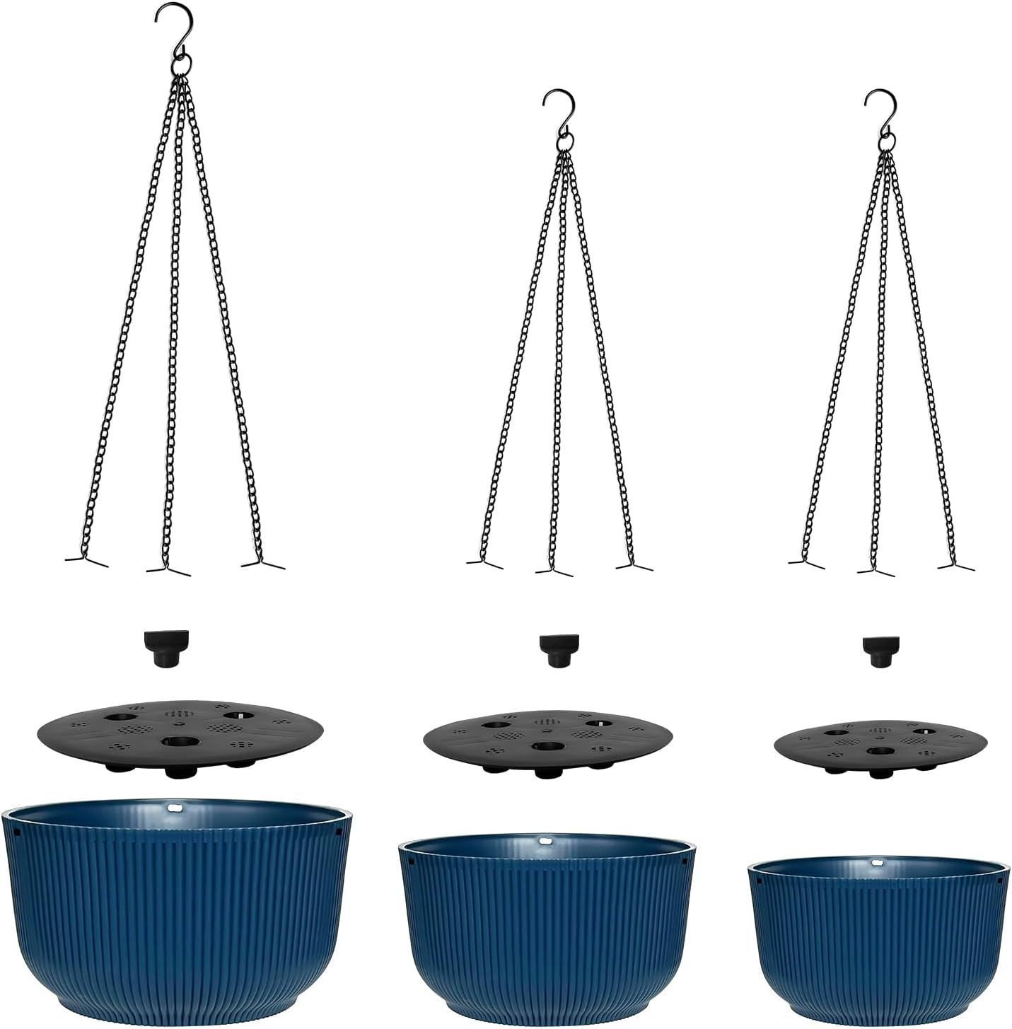RooTrimmer Hanging Planters 9/10/11 Inch for Indoor Plants, 3 Pack Plant Hanger Outdoor with Drainage Holes, Self Watering Hanging Basket Flower Pot for Garden Home Decor, Dark Blue
