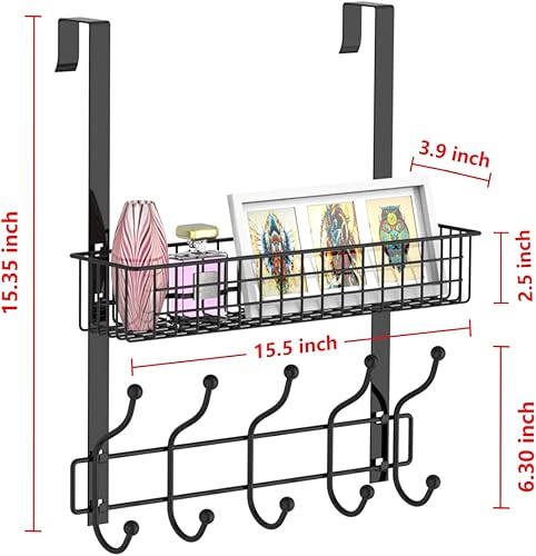 Miniatura 2 de MILIJIA Perchero para colgar sobre la puerta con cesta de malla, estante de almacenamiento desmontable para toallas, sombreros, bolsos, abrigos