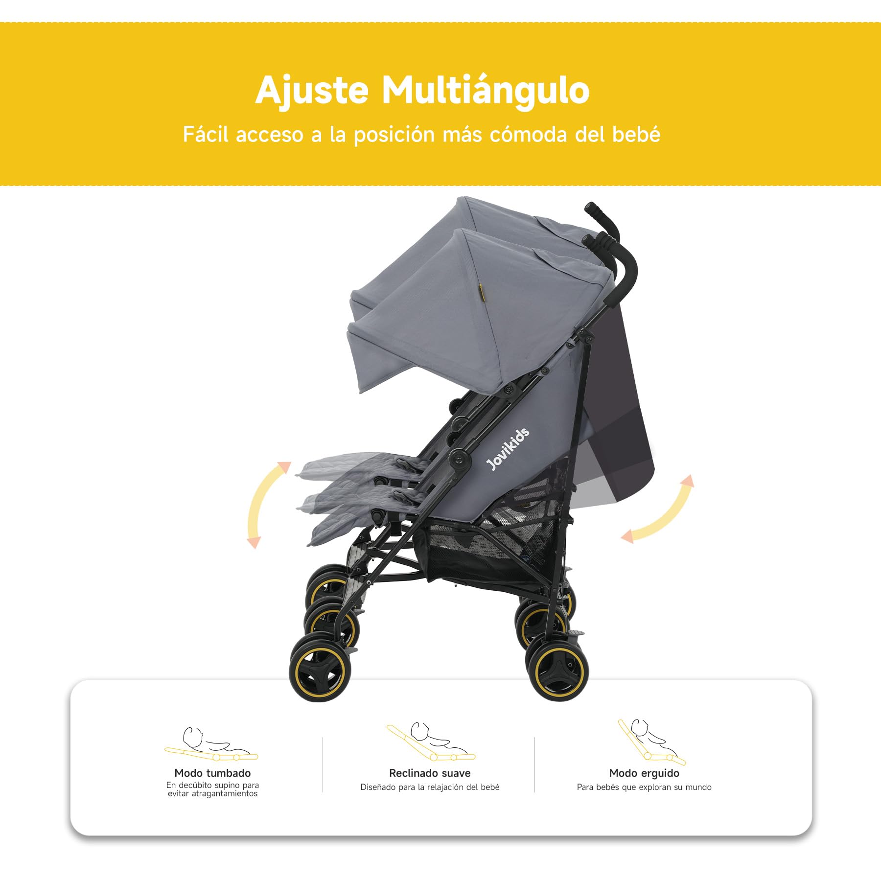 Jovikids Passeggino Gemellare Leggero per Bambini 0-36 Mesi, Doppio Passeggino per Gemelli/Fratelli fino a 15 kg, Cappottina Estesa, 5 Punti di Sicurezza, 2 Grandi Cestini (Grigio)