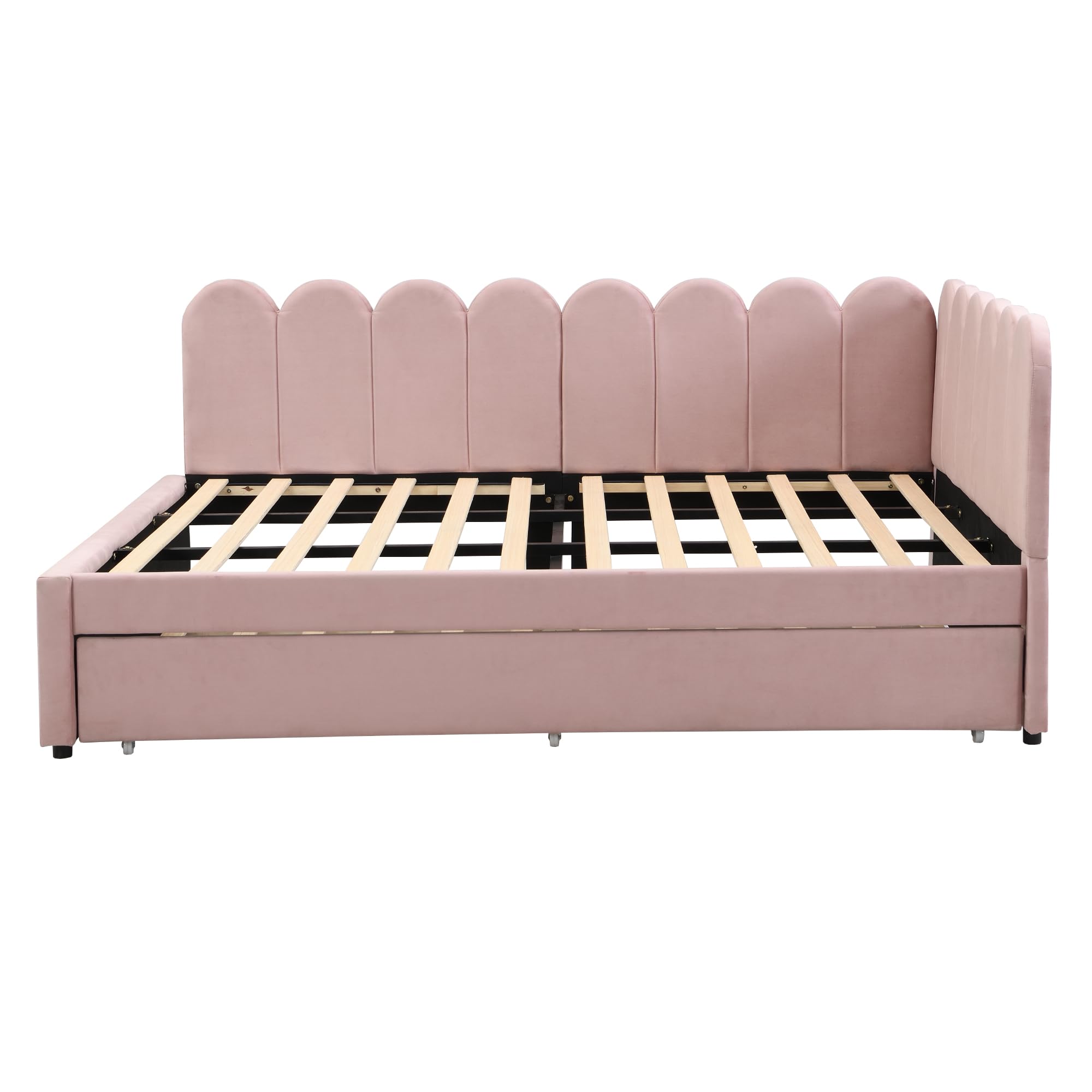 Kebnor Letto imbottito a forma di L, divano letto 140 x 200 cm, con schienale floreale e letto estraibile in tessuto di velluto (rosa, 140 x 200 cm)