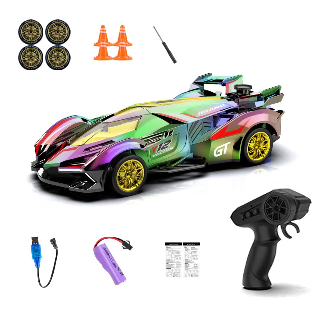 Radiant-Iridescent 4WD RC Drift Car, 2.4GHz Drift Racing Car with Spray Effect, Seven-Color LED Drifting for Adults