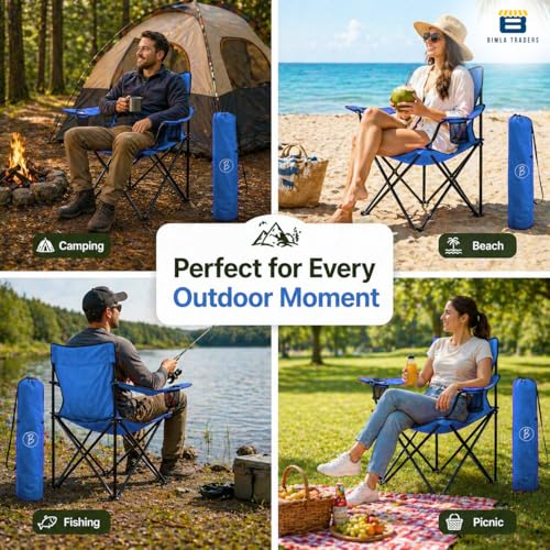 Image of BTAG Foldable Camping Chair with Armrest & Cup Holder, Portable Outdoor Chair with Carry Bag for Camping, Picnic, Fishing & Travel - Blue