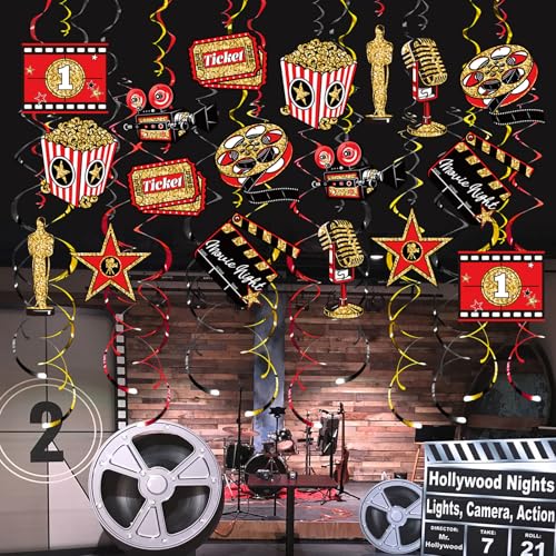 Image of Movie Night Hanging Swirl Set Party Decorations, 48 Pcs, Hollywood Theme with Popcorn Trophy Microphone Film Reel Party Supplies Sign, Red Black Gold